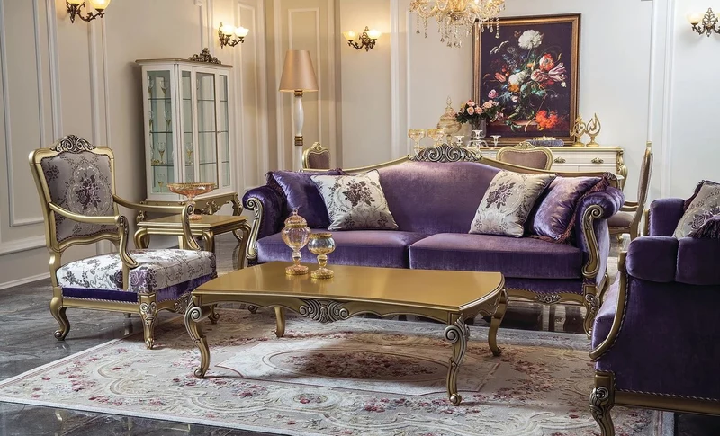Casa Padrino Luxus Barock Wohnzimmer Sofa Lila / Gold / Silber 220 x 83 x H. 105 cm - Edles Massivholz Sofa mit dekorativen Kissen - Wohnzimmer Möbel im Barockstil