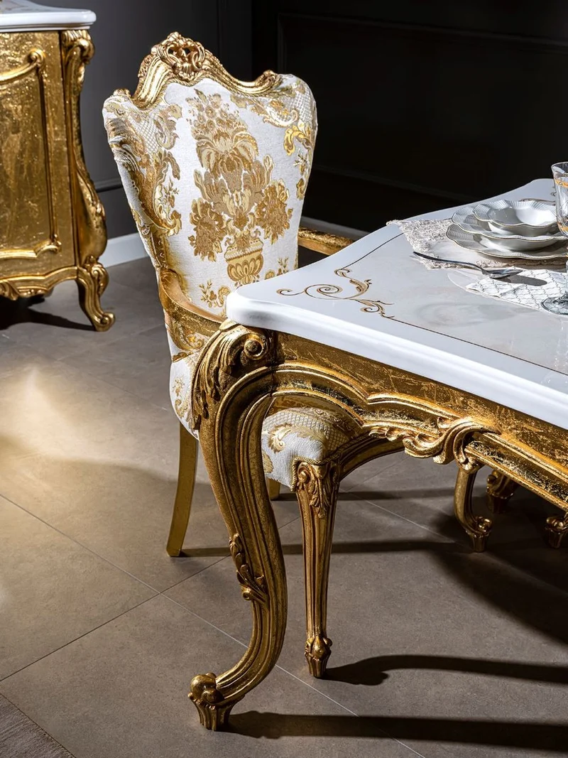 Casa Padrino Luxus Barock Esstisch Weiß / Gold 202 x 102 x H. 80 cm - Massivholz Küchentisch - Esszimmertisch - Prunkvolle Esszimmer Möbel im Barockstil