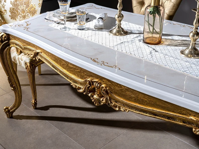 Casa Padrino Luxus Barock Esstisch Weiß / Gold 202 x 102 x H. 80 cm - Massivholz Küchentisch - Esszimmertisch - Prunkvolle Esszimmer Möbel im Barockstil
