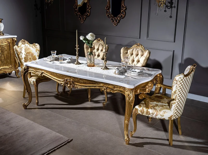 Casa Padrino Luxus Barock Esstisch Weiß / Gold 202 x 102 x H. 80 cm - Massivholz Küchentisch - Esszimmertisch - Prunkvolle Esszimmer Möbel im Barockstil