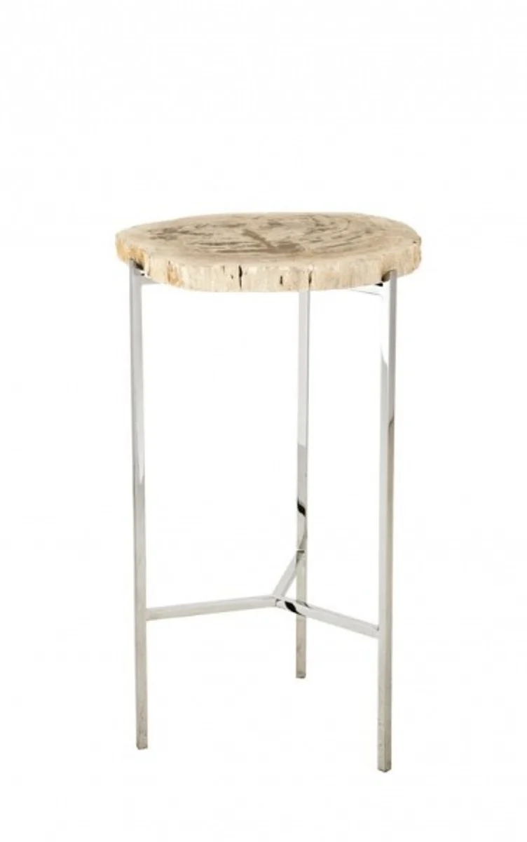 Casa Padrino Luxus Art Deco Designer Beistelltisch 3er Set - Nickel / versteinertes Holz - 30 x H. 60 cm / 27,5 x H. 54,5 cm / 25 x H. 49 cm