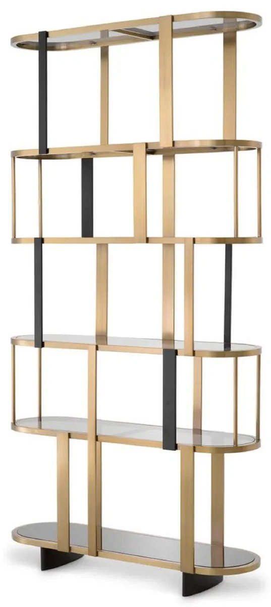 Casa Padrino Luxus Regalschrank Messing / Schwarz / Grau 120 x 38,5 x H. 240 cm - Metall Schrank mit 6 Glasregalen - Wohnzimmer Möbel - Hotel Möbel - Luxus Möbel - Luxus Qualität