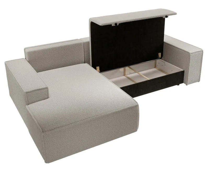 Ecksofa mit Schlaffunktion Farese New L-förmig mit Stauraum, braunes Bouclé, linksseitig