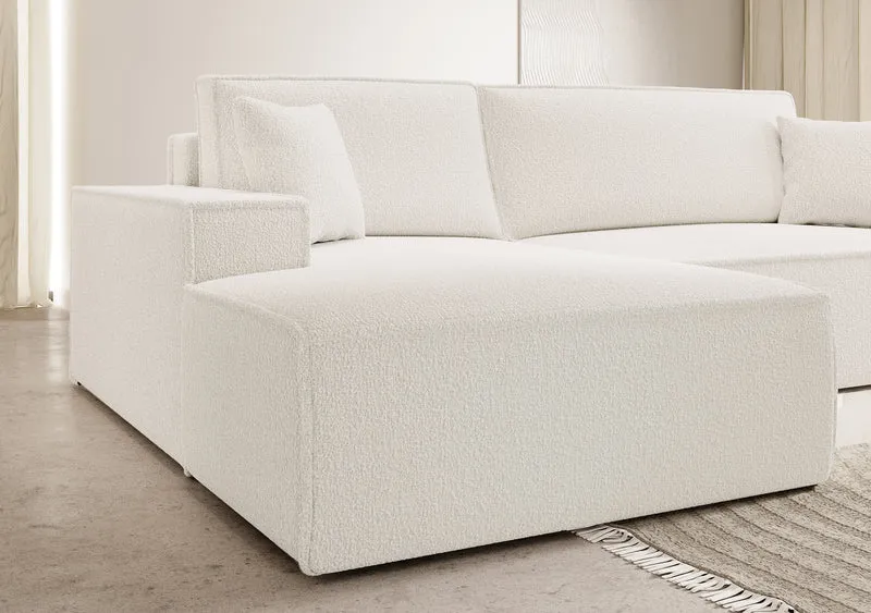 Ecksofa mit Schlaffunktion Farese New, L-förmig, mit Stauraum, cremefarbenes Bouclé, linksseitig