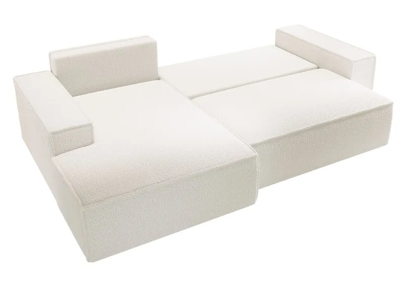 Ecksofa mit Schlaffunktion Farese New, L-förmig, mit Stauraum, cremefarbenes Bouclé, linksseitig