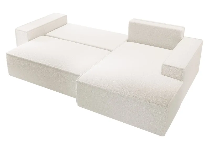Ecksofa mit Schlaffunktion Farese New, L-förmig, mit Stauraum, cremefarbenes Bouclé, rechtsseitig