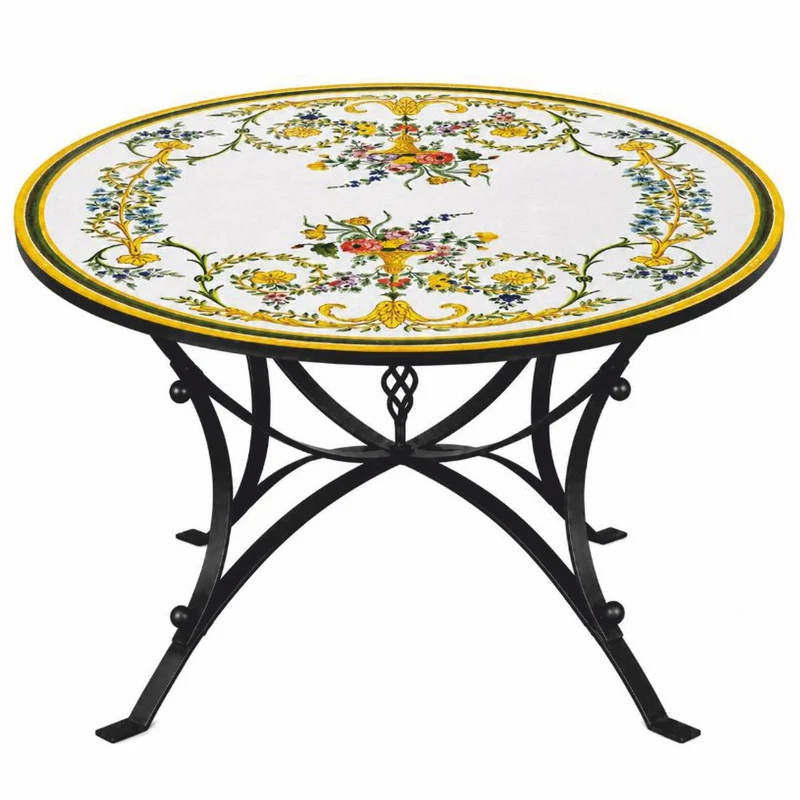 Casa Padrino Luxus Jugendstil Esstisch Weiß / Gelb / Bunt / Schwarz Ø 140 cm - Runder Gartentisch - Gastronomie & Garten Möbel - Made in Italy