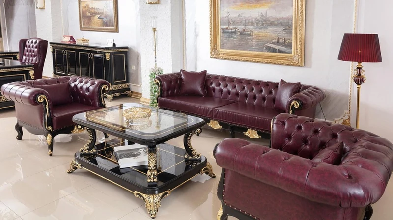 Casa Padrino Luxus Barock Chesterfield Leder Sofa Bordeauxrot / Schwarz / Gold - Prunkvolles Wohnzimmer Echtleder Sofa - Barock Chesterfield Leder Möbel - Luxus Möbel im Barockstil