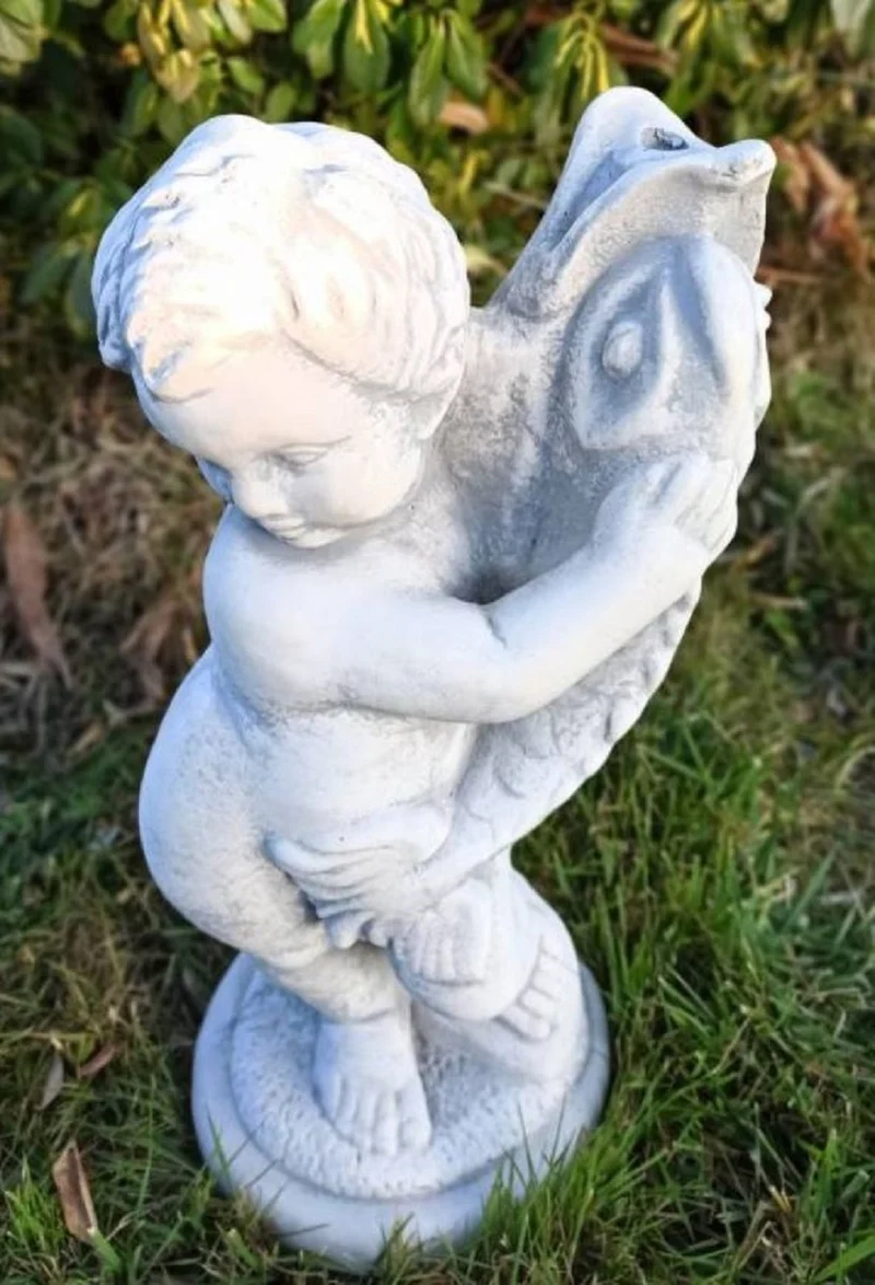 Casa Padrino Jugendstil Wasserspeier Skulptur Junge mit Fisch Grau H. 48 cm - Elegante Wasserspeier Stein Figur - Barock & Jugendstil Garten Deko Accessoires