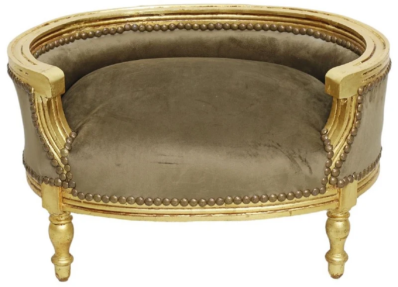 Casa Padrino Barock Hundebett & Katzenbett Taupe / Antik Gold - Handgefertigtes Hunde & Katzen Sofa im Barockstil - Barock Hunde & Katzen Möbel - Barock Tiermöbel