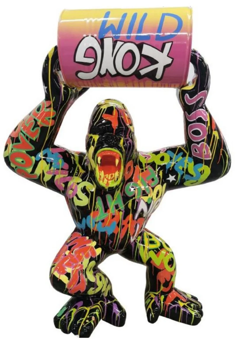Casa Padrino Luxus Deko Skulptur Gorilla Affe mit Fass Schwarz / Bunt H. 140 cm - Große Deko Figur - XXL Deko Skulptur - XXL Deko Figur - Wohnzimmer Deko - Garten Deko - Luxus Figuren