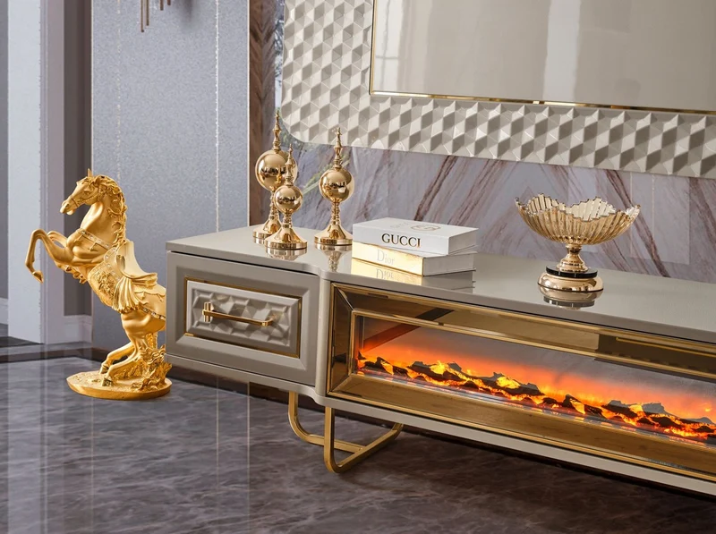 Casa Padrino Luxus Art Deco TV Schrank Set Grau / Gold - Wohnzimmer Sideboard mit LED Elektrokamin & TV Rückwand - Art Deco Möbel - Wohnzimmer Möbel - Luxus Möbel - Luxus Einrichtung