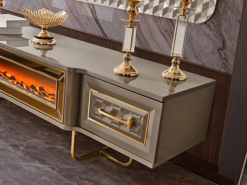 Casa Padrino Luxus Art Deco TV Schrank Set Grau / Gold - Wohnzimmer Sideboard mit LED Elektrokamin & TV Rückwand - Art Deco Möbel - Wohnzimmer Möbel - Luxus Möbel - Luxus Einrichtung