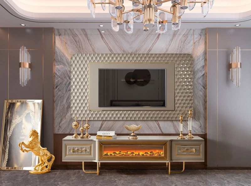 Casa Padrino Luxus Art Deco TV Schrank Set Grau / Gold - Wohnzimmer Sideboard mit LED Elektrokamin & TV Rückwand - Art Deco Möbel - Wohnzimmer Möbel - Luxus Möbel - Luxus Einrichtung