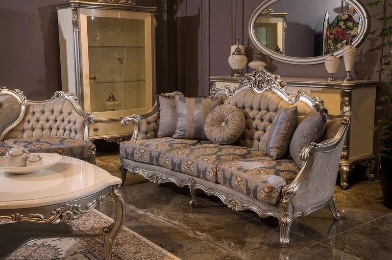 Casa Padrino Luxus Barock Sofa Grau / Blau / Silber 227 x 93 x H. 117 cm - Prunkvolles Wohnzimmer Sofa mit Blumenmuster und dekorativen Kissen - Barock Wohnzimmer Möbel