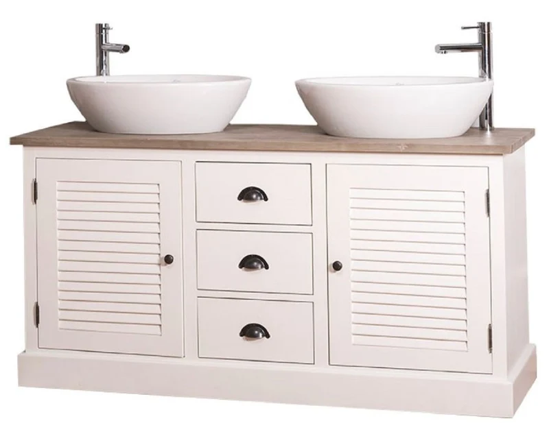 Casa Padrino Landhausstil Doppel-Waschtisch mit 2 Türen und 3 Schubladen Creme / Naturfarben 150 x 51 x H. 75 cm - Badezimmermöbel im Landhausstil