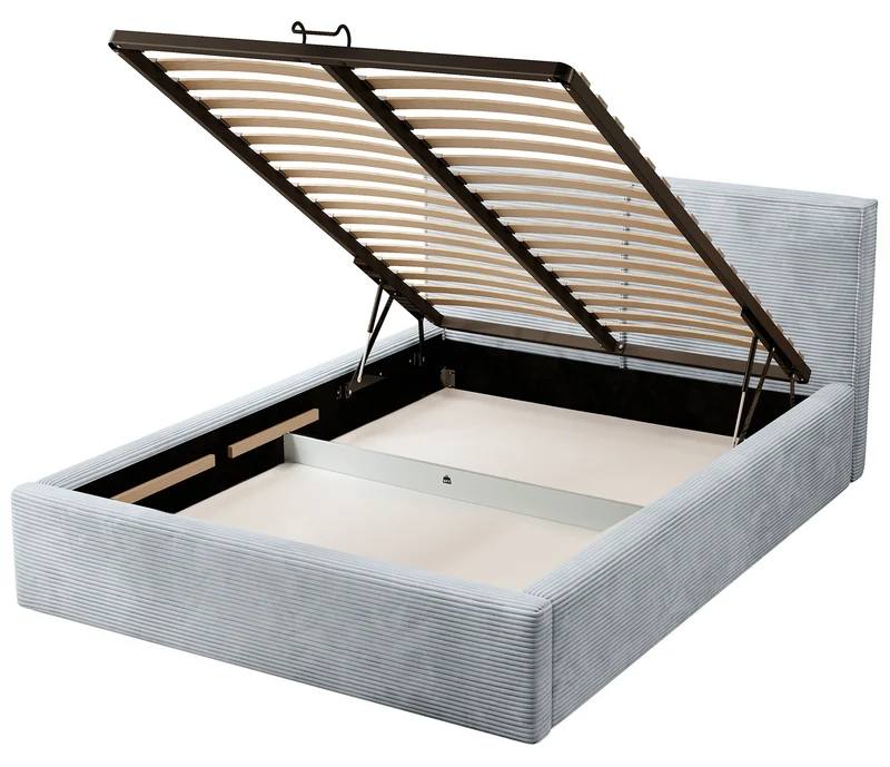 Gepolstertes Bett 140x200 cm Farese mit Stauraum und Gasdruckfeder, hellgrauer Cordstoff