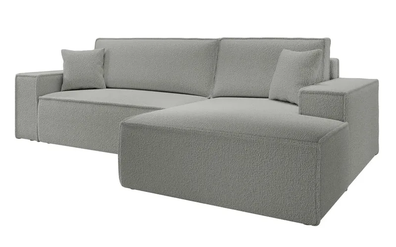 Ecksofa mit Schlaffunktion Farese New L-förmig mit Stauraum, grauer Bouclé, rechtsseitig