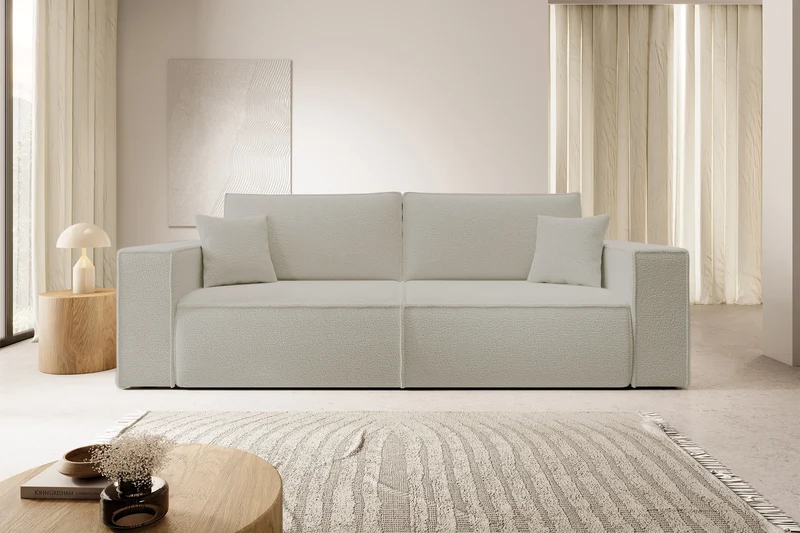 Dreisitziges ausklappbares Sofa Farese mit Stauraum, beige Bouclé