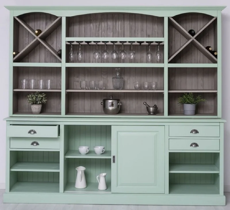 Casa Padrino Landhausstil Barschrank Mintgrün / Grau 240 x 50 x H. 210 cm - Massivholz Weinschrank im Landhausstil - Landhausstil Möbel - Bar Möbel im Landhausstil - Landhausstil Einrichtung