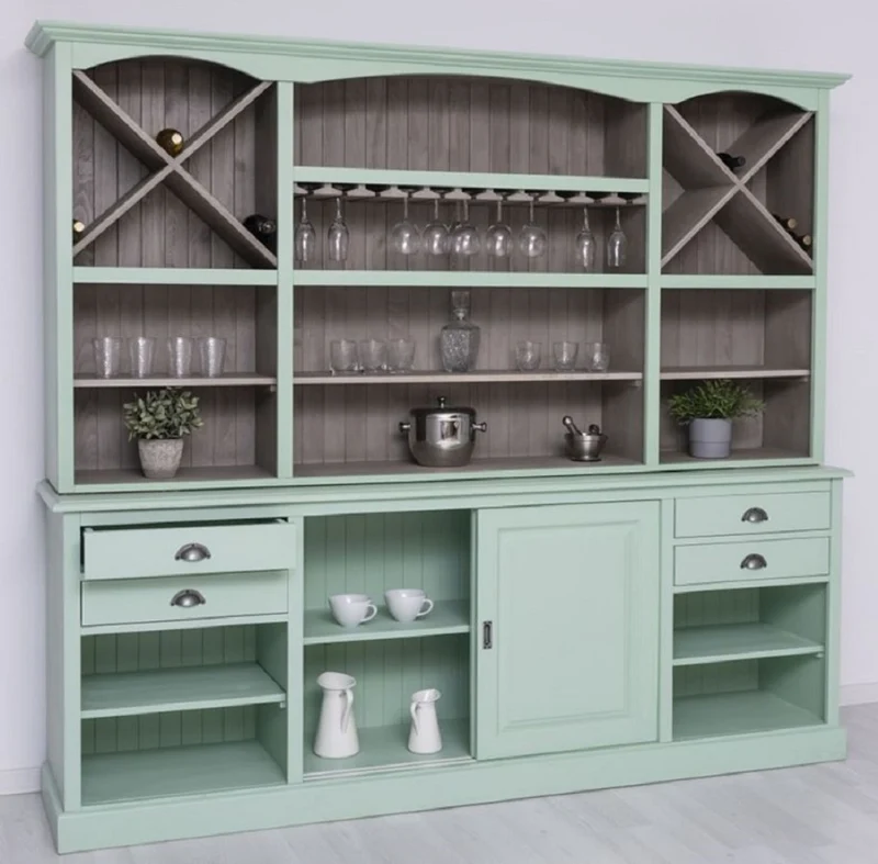 Casa Padrino Landhausstil Barschrank Mintgrün / Grau 240 x 50 x H. 210 cm - Massivholz Weinschrank im Landhausstil - Landhausstil Möbel - Bar Möbel im Landhausstil - Landhausstil Einrichtung