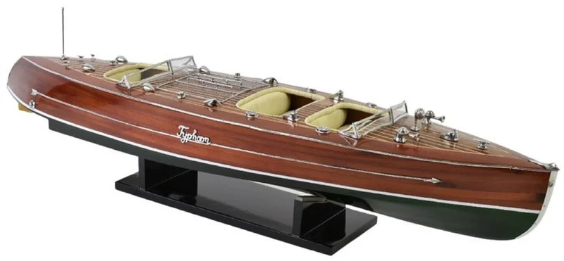 Casa Padrino Luxus Deko Speedboot Typhoon mit Massivholz Ständer Braun / Grün 95 x 22 x H. 23 cm - Handgefertigtes Deko Boot - Holzboot - Modellboot - Rennboot - Wohnzimmer Deko Accessoires