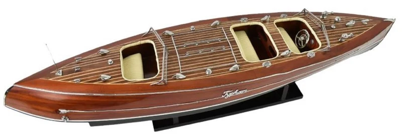 Casa Padrino Luxus Deko Speedboot Typhoon mit Massivholz Ständer Braun / Grün 95 x 22 x H. 23 cm - Handgefertigtes Deko Boot - Holzboot - Modellboot - Rennboot - Wohnzimmer Deko Accessoires