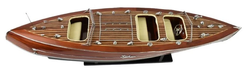 Casa Padrino Luxus Deko Speedboot Typhoon mit Massivholz Ständer Braun / Grün 95 x 22 x H. 23 cm - Handgefertigtes Deko Boot - Holzboot - Modellboot - Rennboot - Wohnzimmer Deko Accessoires