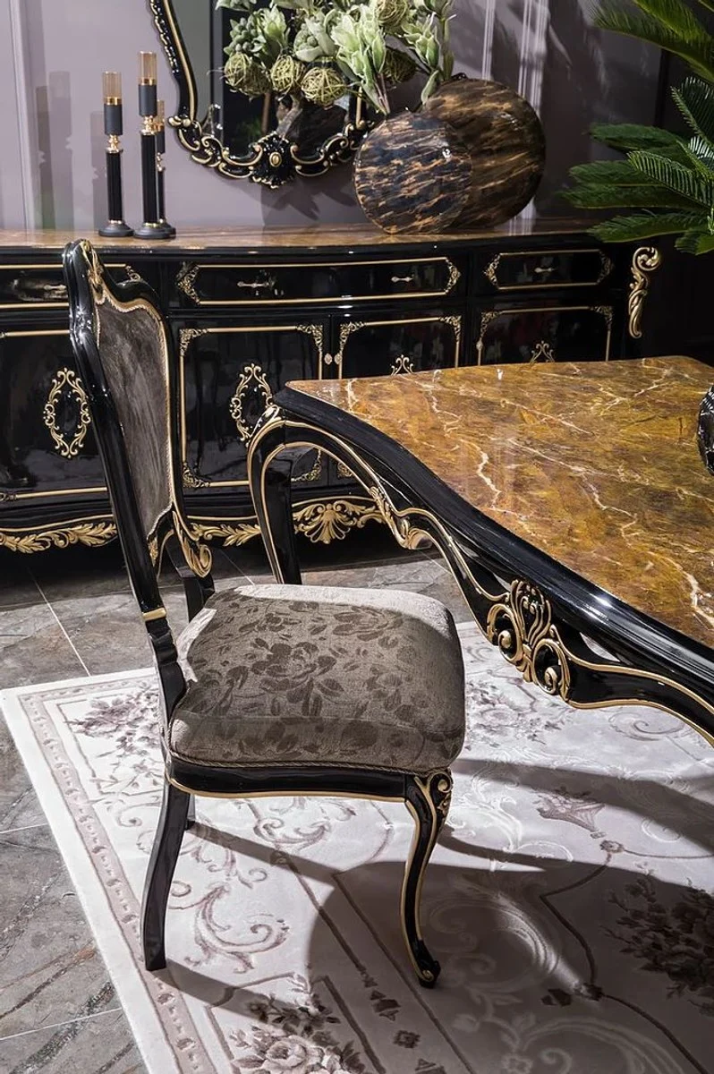 Casa Padrino Luxus Barock Esszimmer Set Silber / Schwarz / Gold - 1 Esstisch & 6 Esszimmerstühle - Prunkvolle Esszimmer Möbel im Barockstil