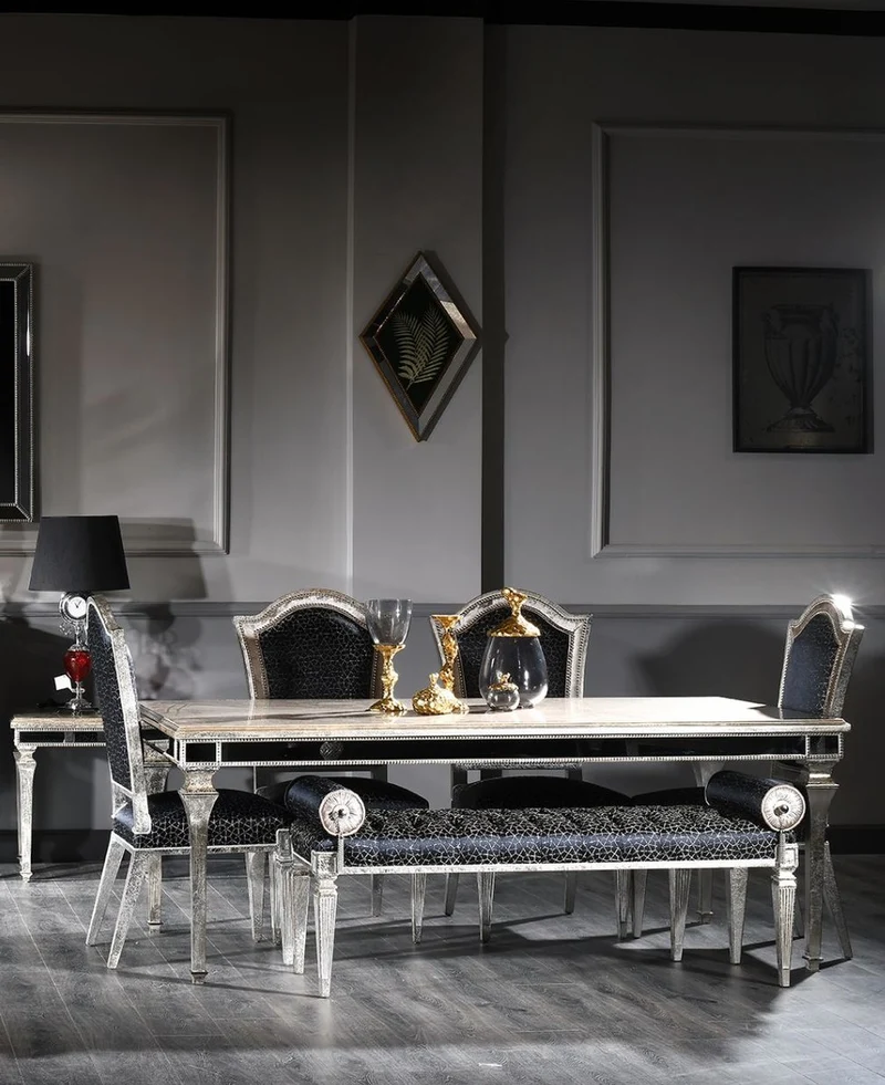 Casa Padrino Luxus Barock Esszimmer Stuhl Set Schwarz / Antik Silber 55 x 58 x H. 115 cm - Edles Küchen Stühle 6er Set - Esszimmer Möbel im Barockstil