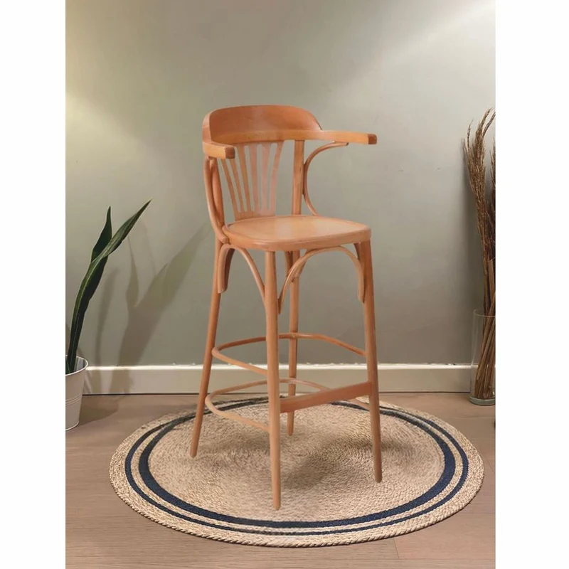 Casa Padrino Luxus Barstuhl mit Armlehnen Naturfarben H. 108 cm - Massivholz Bar Möbel