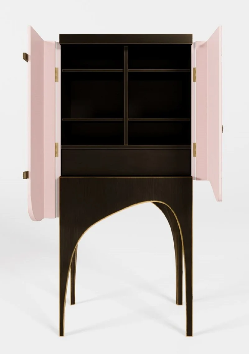 Casa Padrino Luxus Barschrank Rosa / Schwarz / Messing 48 x H. 134 cm - Massivholz Weinschrank mit 2 Türen - Bar Möbel - Hotel Möbel - Luxus Möbel