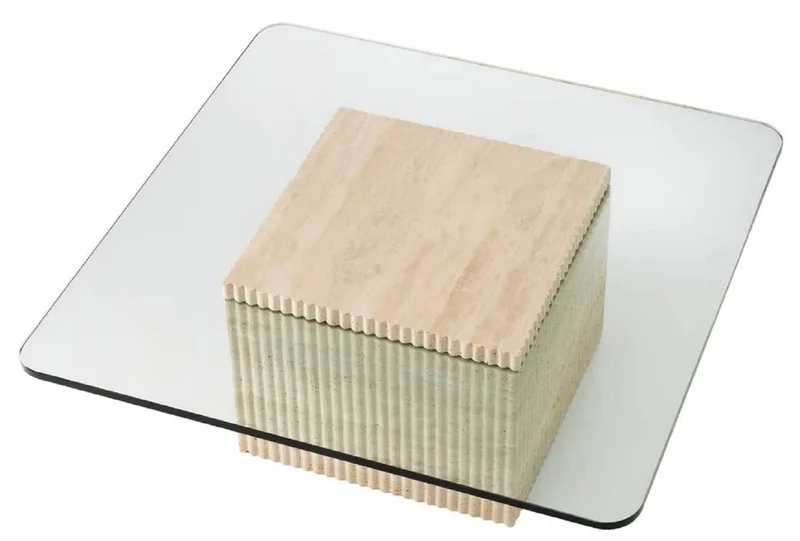 Casa Padrino Luxus Travertin Couchtisch Beige 90 x 90 x H. 35 cm - Quadratischer Naturstein Wohnzimmertisch mit Glasplatte - Wohnzimmer Möbel - Luxus Möbel - Luxus Einrichtung
