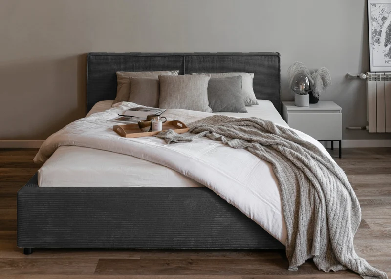 Polsterbett 180x200 cm Farese mit Stauraum und Gasdruckfeder, dunkelgrauer Cord