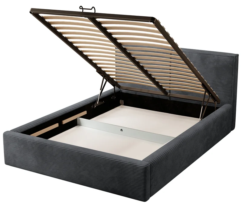 Gepolstertes Bett 140x200 cm Farese mit Stauraum und Gasdruckfeder, dunkelgrauer Cord