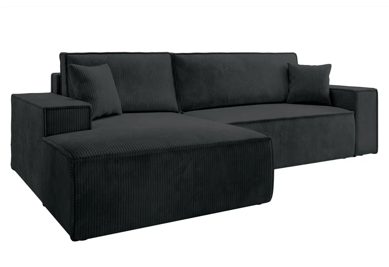 Ecksofa mit Schlaffunktion Farese New, L-förmig, mit Stauraum, schwarzer Cord, linksseitig