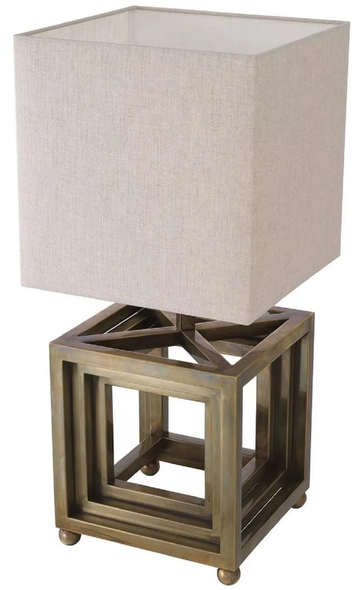 Casa Padrino Luxus Tischleuchte Vintage Messing / Beige 30 x 30 x H. 65,5 cm - Schreibtischleuchte mit quadratischem Lampenschirm - Luxus Tischleuchten - Luxus Schreibtischleuchten