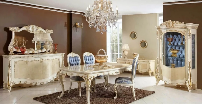 Casa Padrino Luxus Barock Esszimmer Set Blau / Weiß / Gold - 1 Barock Esstisch & 6 Barock Esszimmerstühle - Barock Esszimmer Möbel - Luxus Möbel im Barockstil - Edel & Prunkvoll