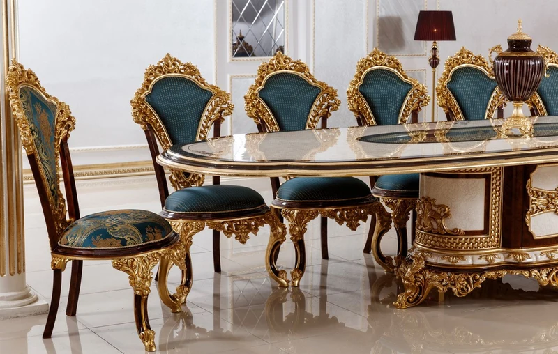 Casa Padrino Luxus Barock Esszimmer Set Weiß / Braun / Blau / Gold - 1 Barock Esstisch & 22 Barock Esszimmerstühle - Hotel Möbel - Schloss Möbel - Palast Möbel - Luxus Möbel im Barockstil