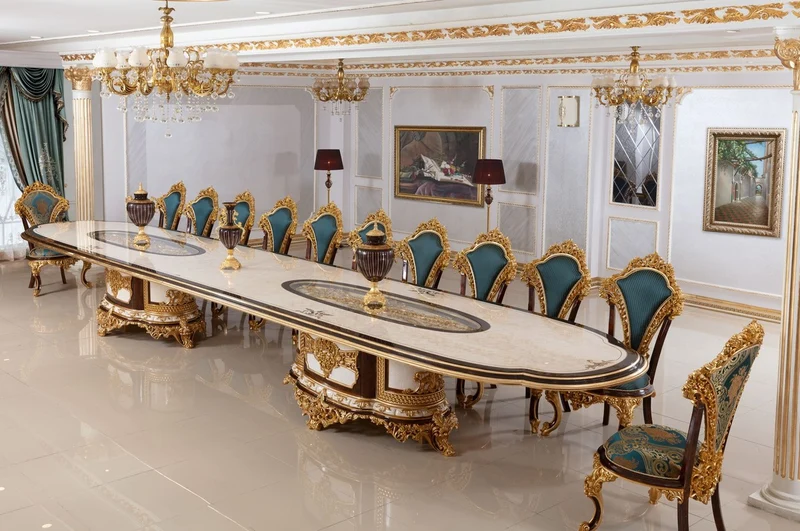 Casa Padrino Luxus Barock Esszimmer Set Weiß / Braun / Blau / Gold - 1 Barock Esstisch & 22 Barock Esszimmerstühle - Hotel Möbel - Schloss Möbel - Palast Möbel - Luxus Möbel im Barockstil