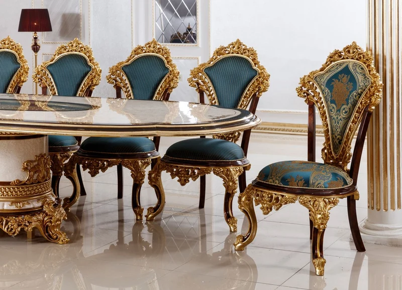 Casa Padrino Luxus Barock Esszimmer Set Weiß / Braun / Blau / Gold - 1 Barock Esstisch & 22 Barock Esszimmerstühle - Hotel Möbel - Schloss Möbel - Palast Möbel - Luxus Möbel im Barockstil