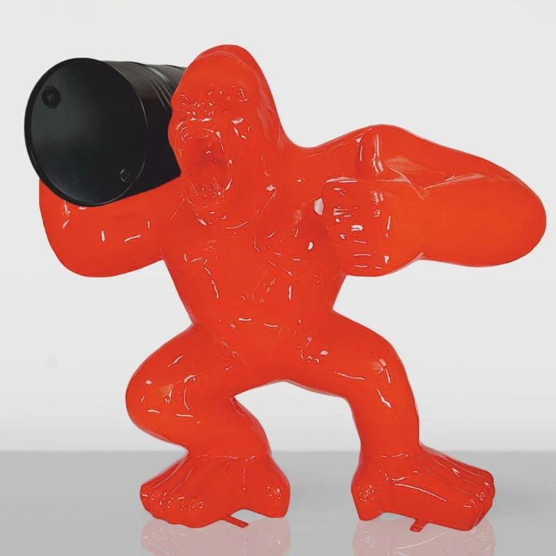 Casa Padrino XXL Deko Skulptur Gorilla mit Fass Rot / Schwarz H. 190 cm - Große Garten Figur