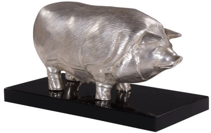 Casa Padrino Luxus Bronzefigur Schwein auf Holzsockel Silber / Schwarz 35 x 17 x H. 19 cm - Versilberte Deko Figur