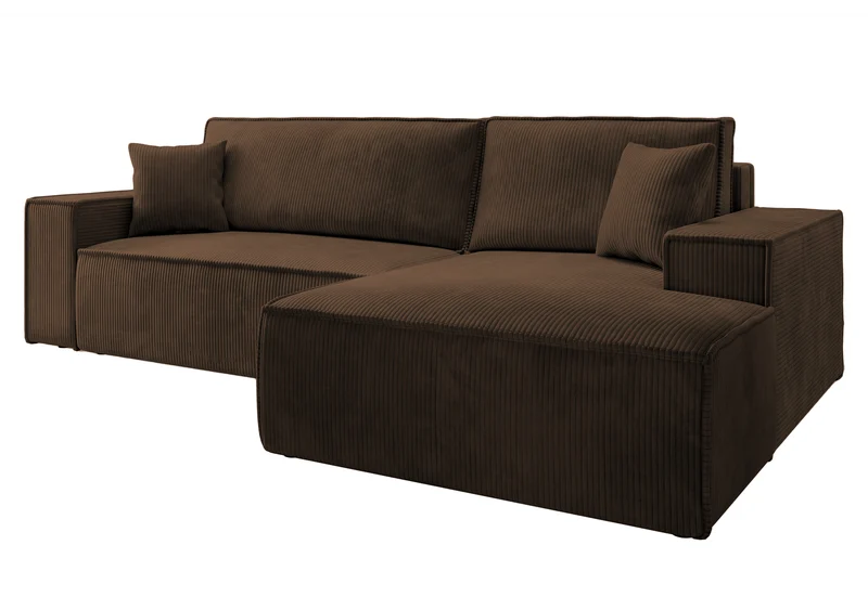 Ecksofa mit Schlaffunktion Farese New, L-förmig, mit Stauraum, brauner Cordstoff, rechtsseitig