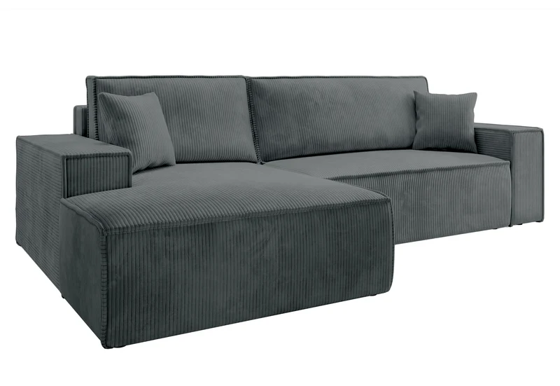 Ecksofa mit Schlaffunktion Farese New L-förmig mit Stauraum, grauer Cord, linksseitig