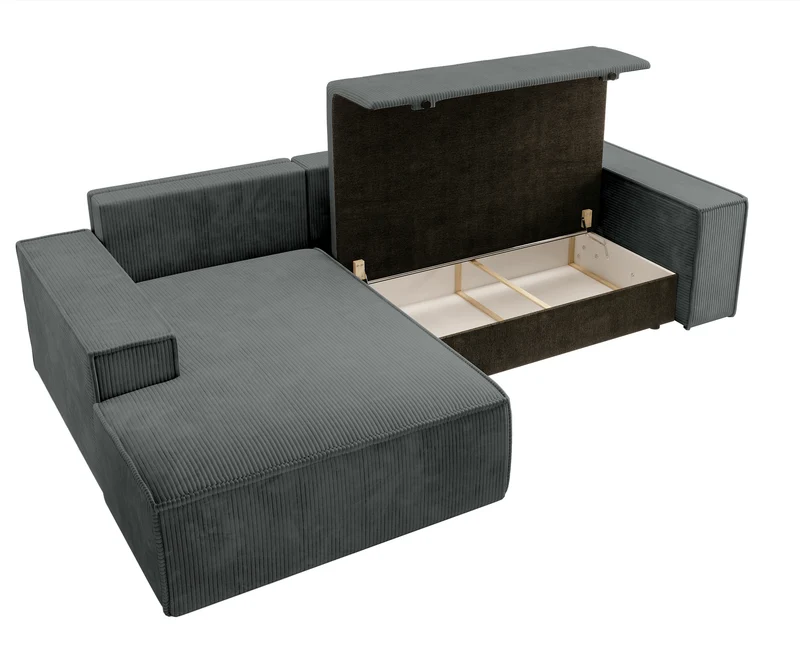 Ecksofa mit Schlaffunktion Farese New L-förmig mit Stauraum, grauer Cord, linksseitig