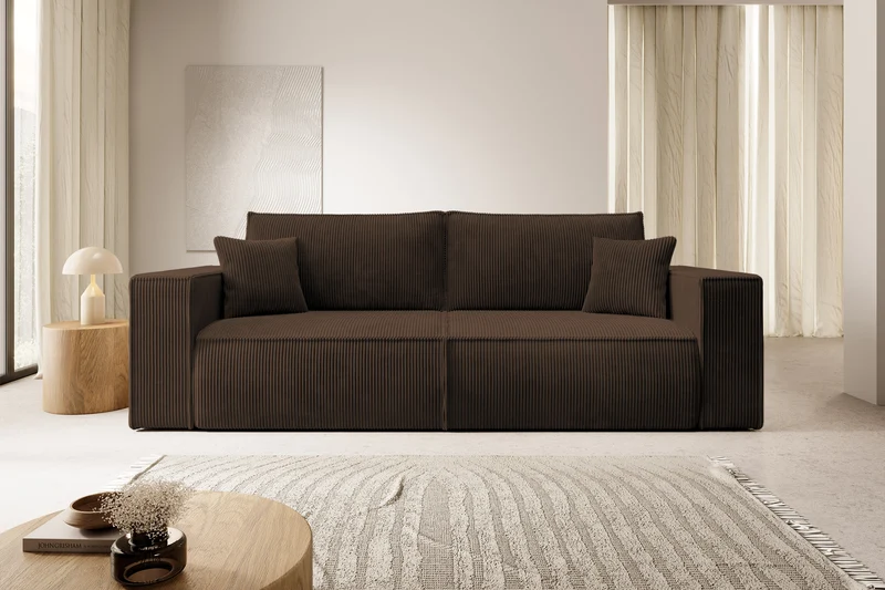 Dreisitziges ausklappbares Sofa Farese mit Stauraum, brauner Cord