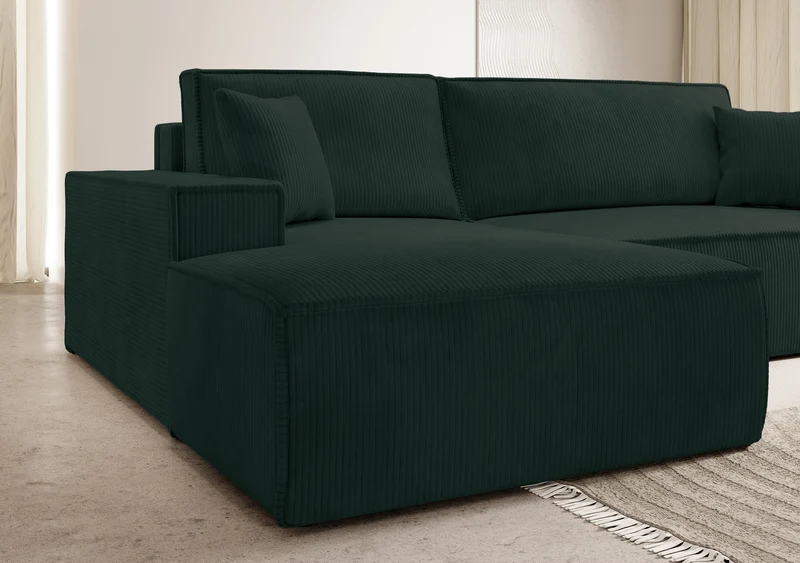 Ecksofa mit Schlaffunktion Farese New, L-förmig, mit Stauraum, grün, Cord, linksseitig