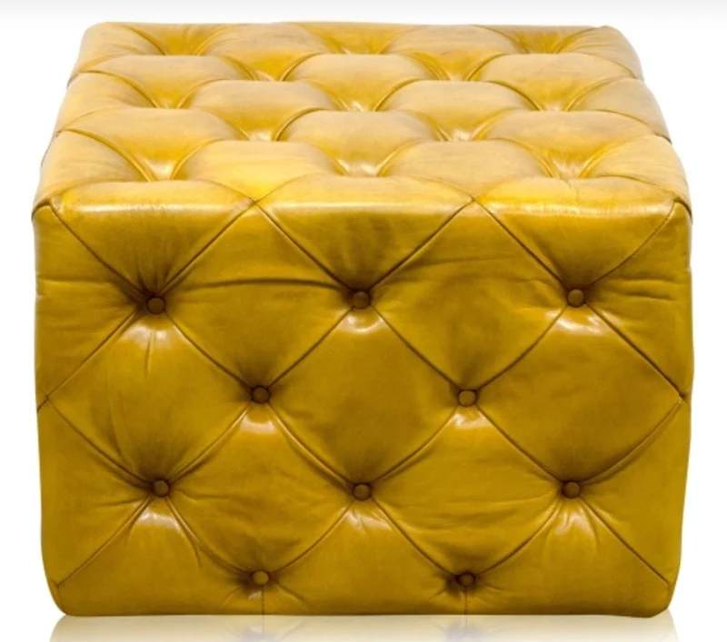 Casa Padrino Luxus Echtleder Fußhocker Vintage Gelb 64 x 64 x H. 46 cm - Chesterfield Möbel