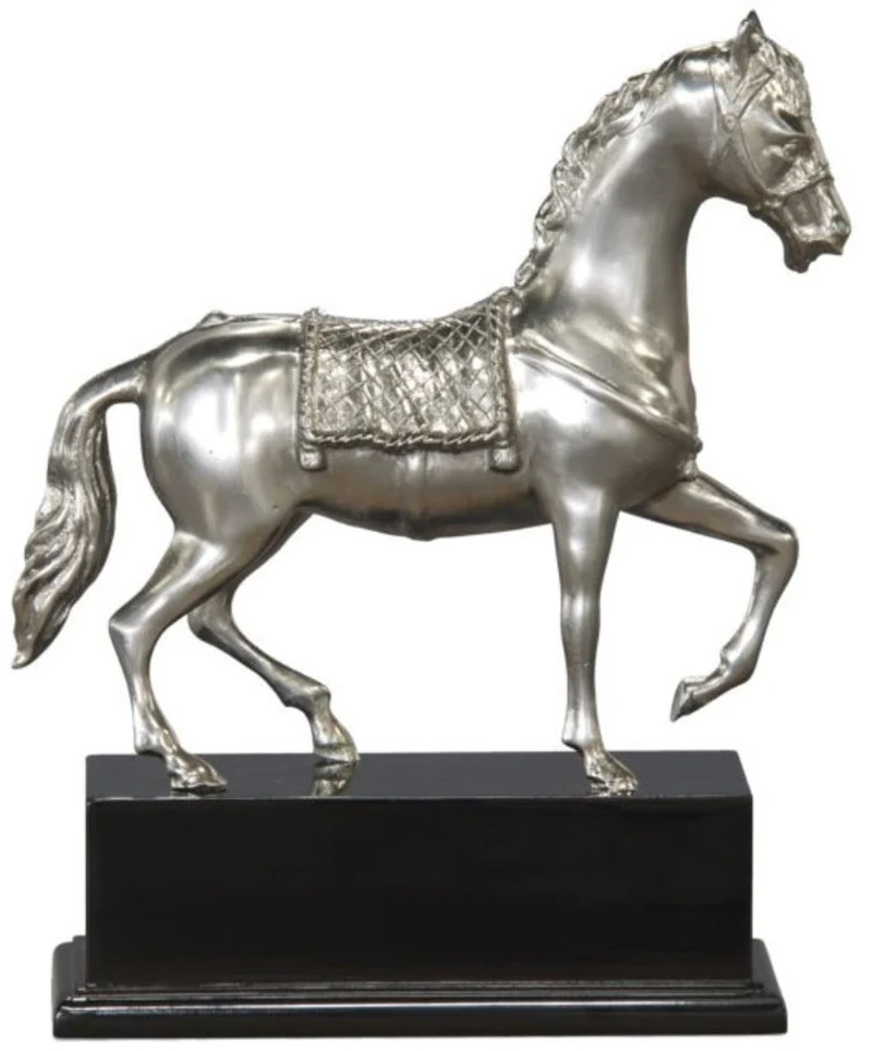Casa Padrino Luxus Bronzefigur Pferd mit Holzsockel Silber / Antik Schwarz 31,5 x 12,5 x H. 37,3 cm - Versilberte Deko Figur
